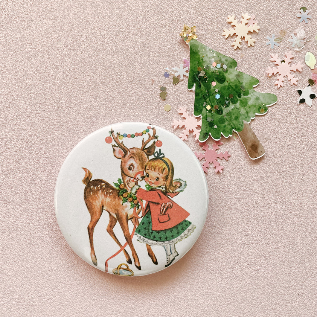 Vintage Girl and Deer Button Pin